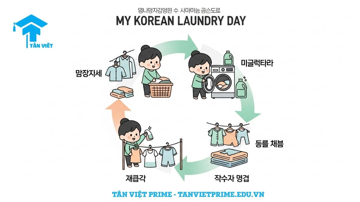 Từ Vựng Tiếng Hàn Về Máy Giặt (세탁기): Cẩm Nang Toàn Tập A-Z 2 Infographic giải thích từ vựng tiếng Hàn về quy trình giặt ủi, mô tả một nhân vật chibi thực hiện các bước từ phân loại đồ, cho vào máy giặt (세탁기), đến phơi (널다) và gấp quần áo (개다) để làm rõ các hành động giặt giũ. Giúp người học ghi nhớ từ vựng một cách trực quan và sinh động.