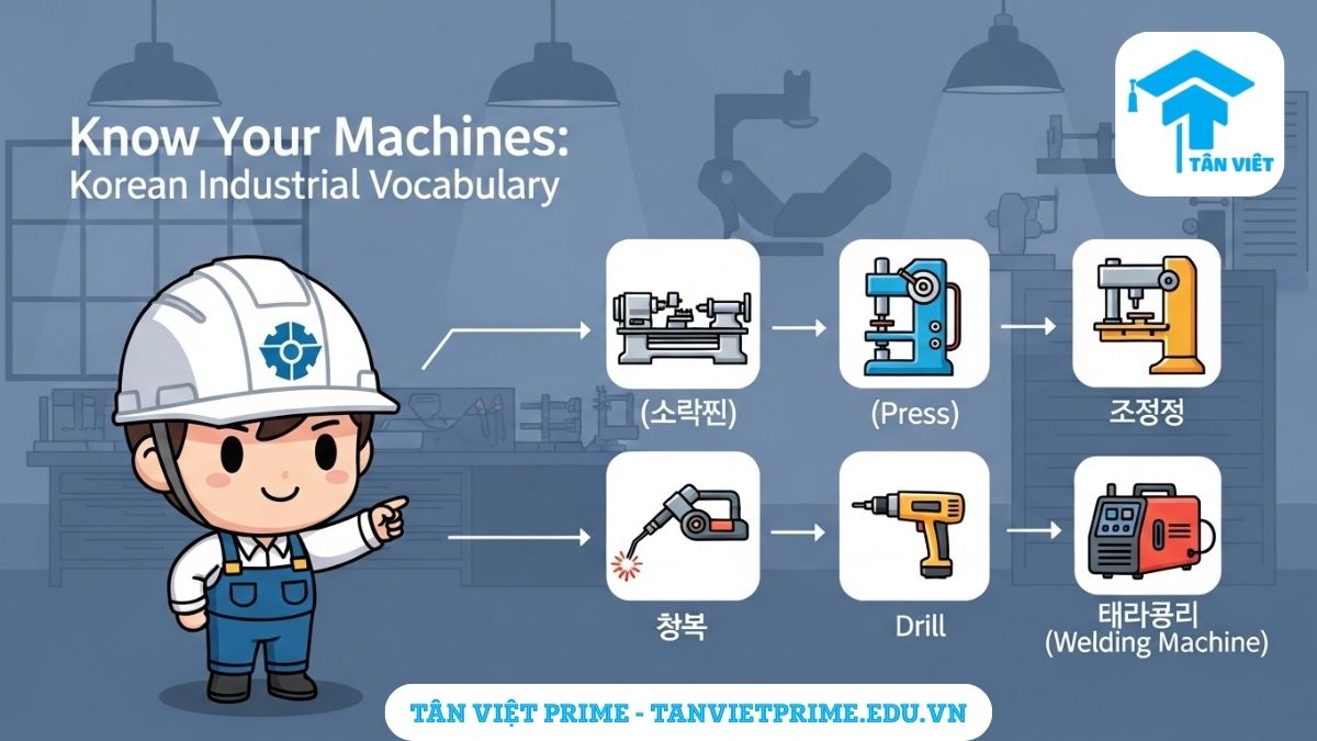 Từ Vựng Tiếng Hàn Về Máy Móc: Cẩm Nang A-Z Cho Ngành Kỹ Thuật 2 Infographic giải thích từ vựng tiếng Hàn về các loại máy móc công nghiệp, mô tả nhân vật kỹ sư chibi và các biểu tượng máy tiện, máy ép, máy khoan, máy hàn để làm rõ các loại máy công cụ phổ biến. Giúp người học ngành kỹ thuật nhận diện và gọi tên máy móc.