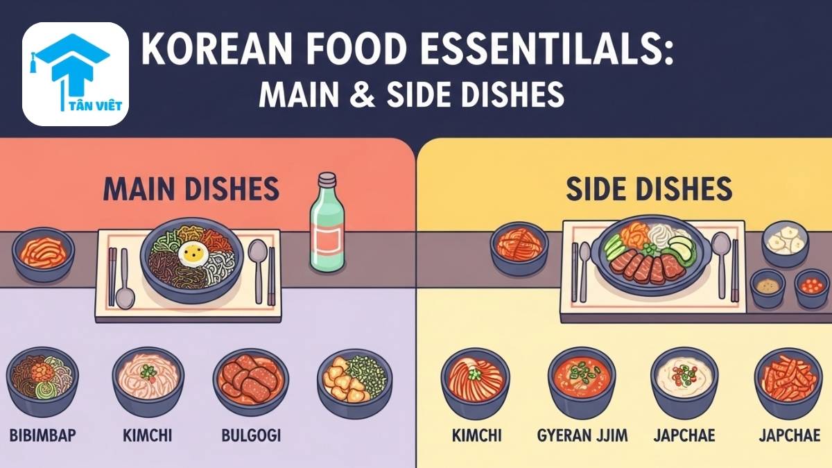 Từ Vựng Tiếng Hàn Về Các Món Ăn: Cẩm Nang Toàn Diện | Tân Việt Prime 2 Infographic giải thích từ vựng tiếng Hàn về các món ăn chính và phụ, mô tả một bàn ăn Hàn Quốc với các biểu tượng món ăn chibi minh họa Bibimbap, Bulgogi, Kimchi, Japchae để làm rõ sự đa dạng ẩm thực. Giúp người học tiếng Hàn dễ dàng nhận diện và ghi nhớ tên món.