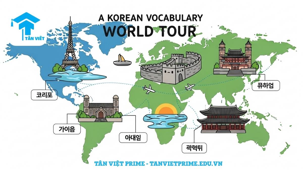 Infographic giải thích tên các quốc gia bằng tiếng Hàn, mô tả một bản đồ thế giới dễ thương với các địa danh nổi tiếng như Tháp Eiffel và Vạn Lý Trường Thành, để làm rõ vị trí địa lý và giúp việc học từ vựng trở nên trực quan hơn.