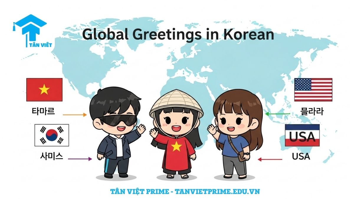 Infographic giải thích từ vựng tiếng Hàn về các quốc gia, mô tả các nhân vật chibi từ Hàn Quốc, Việt Nam, Mỹ cầm cờ và chào nhau, để làm rõ cách dùng tên nước trong giao tiếp quốc tế.
