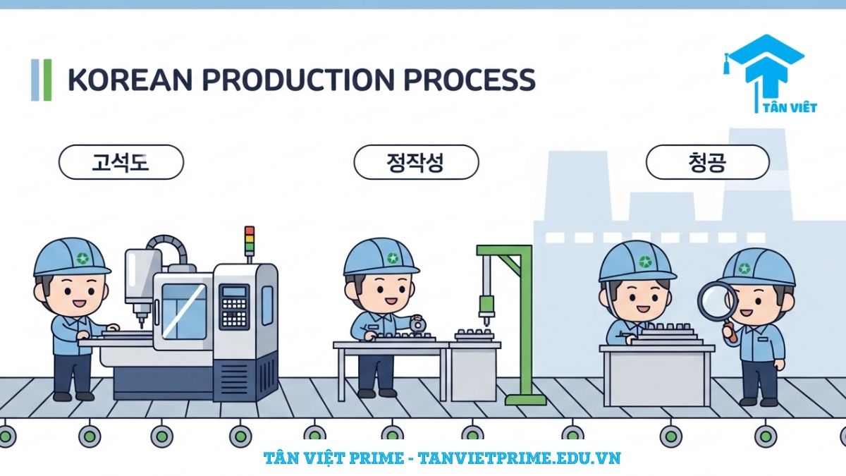 Sơ đồ giải thích từ vựng tiếng Hàn về quy trình sản xuất cơ khí, mô tả các công đoạn từ gia công (가공), lắp ráp (조립), đến kiểm tra (검사) với các nhân vật chibi minh họa, giúp hình dung và học các thuật ngữ theo trình tự công việc.