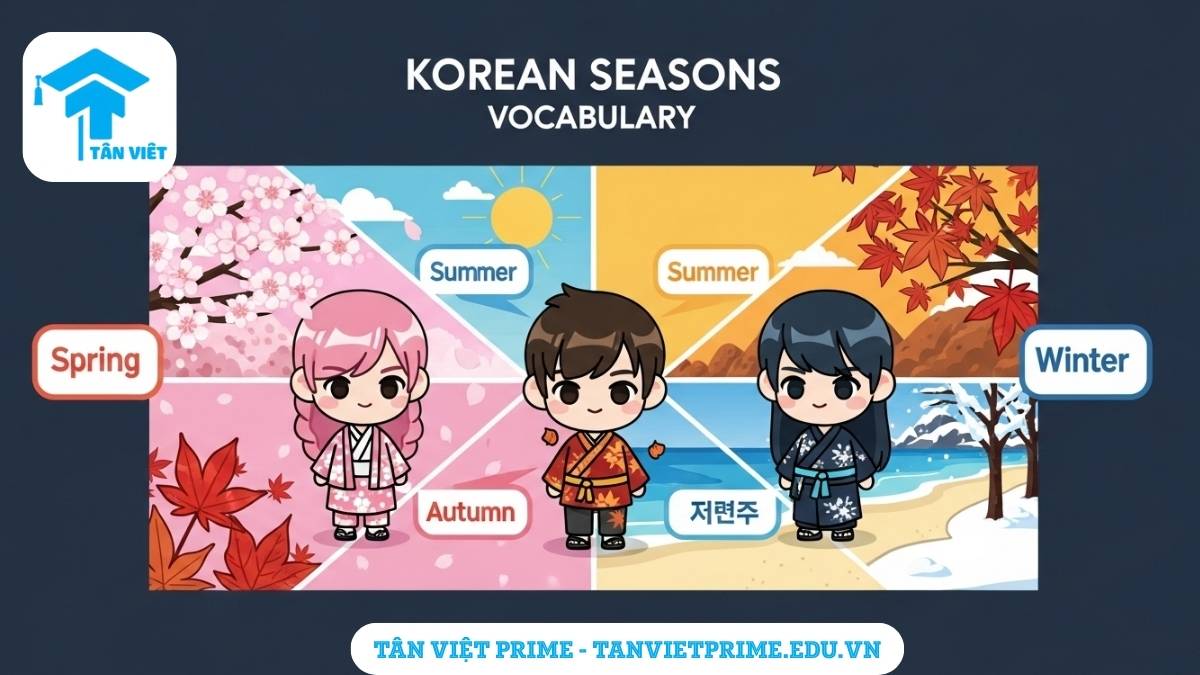 🌦️ Từ Vựng Tiếng Hàn Chủ Đề Thời Tiết: Chinh Phục Mọi Khoảnh Khắc Của Bầu Trời ☁️ 2 Infographic giải thích từ vựng tiếng Hàn về 4 mùa, mô tả một nhân vật chibi ở trung tâm với 4 khung cảnh xuân, hạ, thu, đông đặc trưng của Hàn Quốc để làm rõ sự khác biệt thời tiết. Bao gồm các từ khóa 봄, 여름, 가을, 겨울.