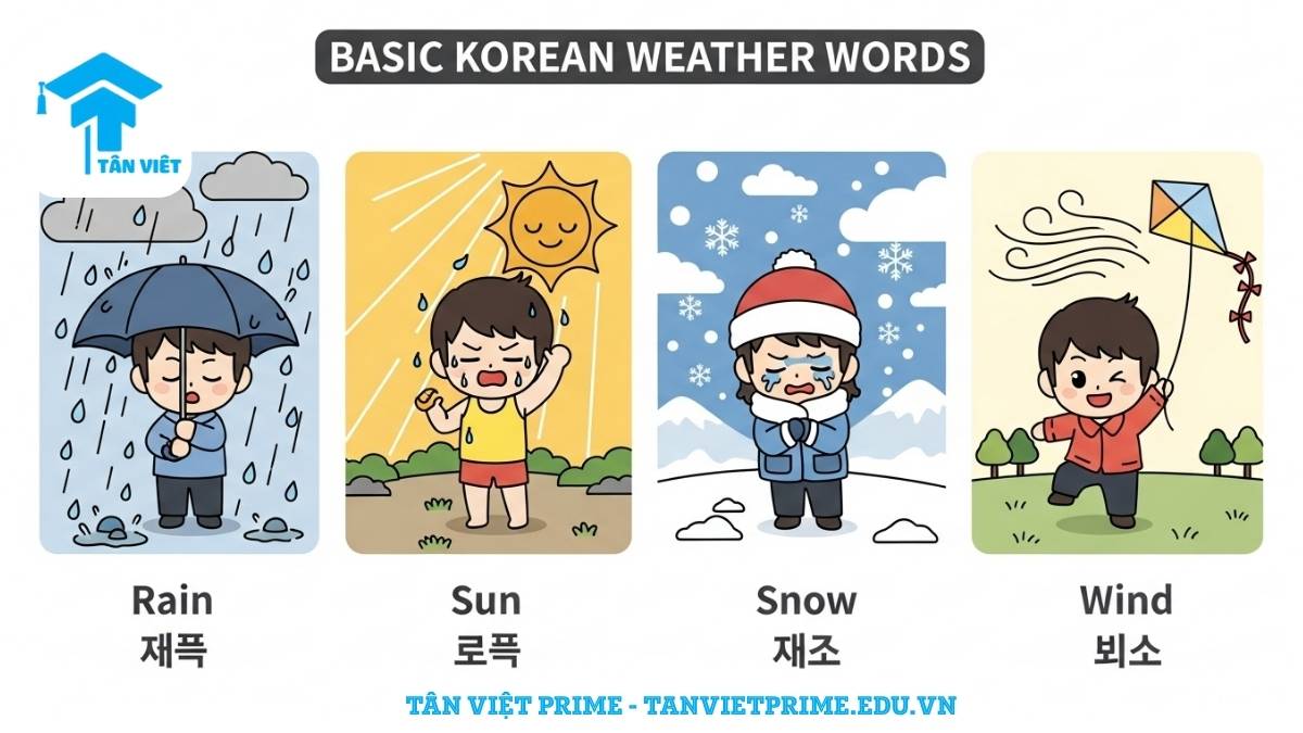 🌦️ Từ Vựng Tiếng Hàn Chủ Đề Thời Tiết: Chinh Phục Mọi Khoảnh Khắc Của Bầu Trời ☁️ 3 Hình ảnh minh họa giải thích từ vựng tiếng Hàn về thời tiết, mô tả các nhân vật chibi dễ thương đang trải qua các hiện tượng mưa, nắng, tuyết, gió để làm rõ cách dùng từ. Gồm các từ khóa 비, 해, 눈, 바람.
