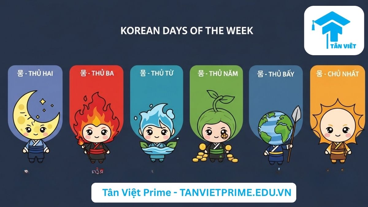 Infographic giải thích các thứ trong tuần bằng tiếng Hàn, mô tả 7 nhân vật chibi tượng trưng cho 7 ngày từ Thứ Hai (월요일) đến Chủ Nhật (일요일) cùng các biểu tượng mặt trăng, lửa, nước... để làm rõ nguồn gốc và cách gọi tên các ngày trong tuần. Học từ vựng tiếng Hàn giao tiếp hàng ngày.