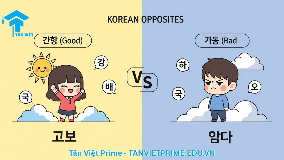 Infographic giải thích từ vựng tiếng Hàn trái nghĩa, mô tả hai nhân vật chibi thể hiện cảm xúc đối lập "tốt" và "xấu" để làm rõ khái niệm antonyms. Giúp ghi nhớ từ vựng hiệu quả hơn.