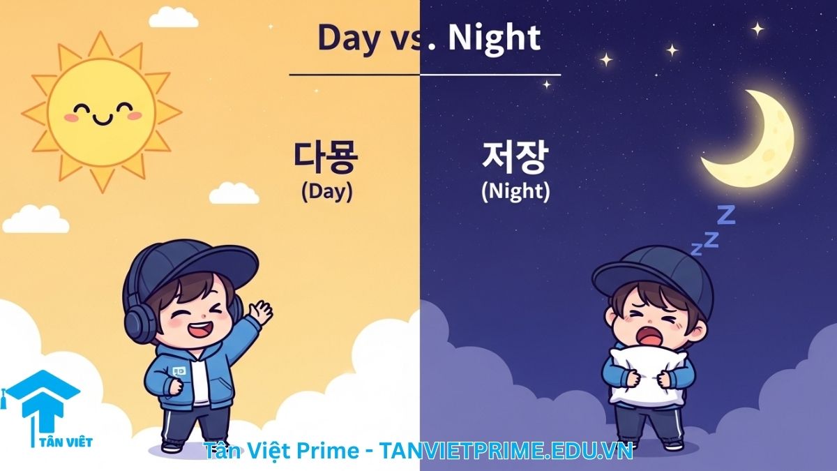 Infographic giải thích từ vựng tiếng Hàn trái nghĩa, mô tả một nhân vật chibi trong hai khung cảnh đối lập ngày và đêm để làm rõ khái niệm 낮 (nat) và 밤 (bam). Giúp học từ vựng qua hình ảnh dễ nhớ.