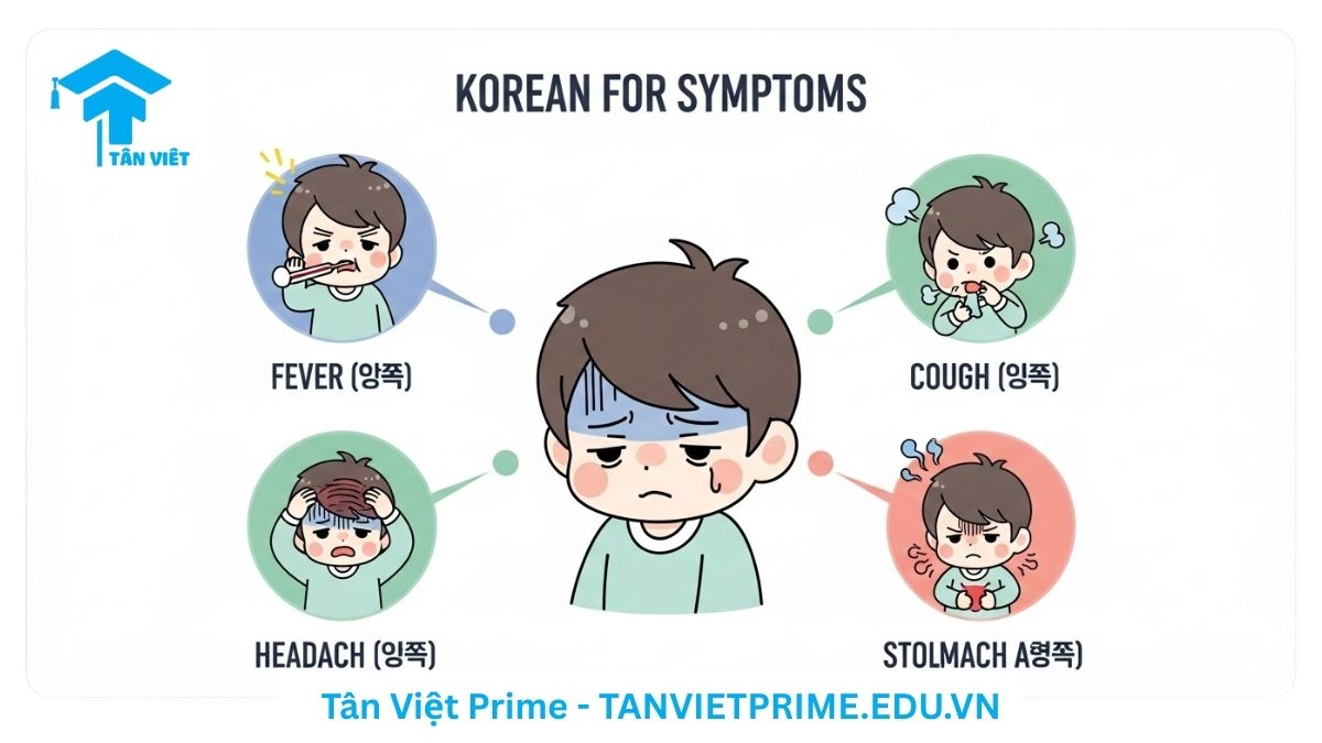 Infographic giải thích các từ vựng tiếng Hàn về triệu chứng bệnh, mô tả các nhân vật chibi dễ thương đang bị sốt, ho, đau đầu, và đau bụng để giúp người học nhận biết và gọi tên các triệu chứng phổ biến.