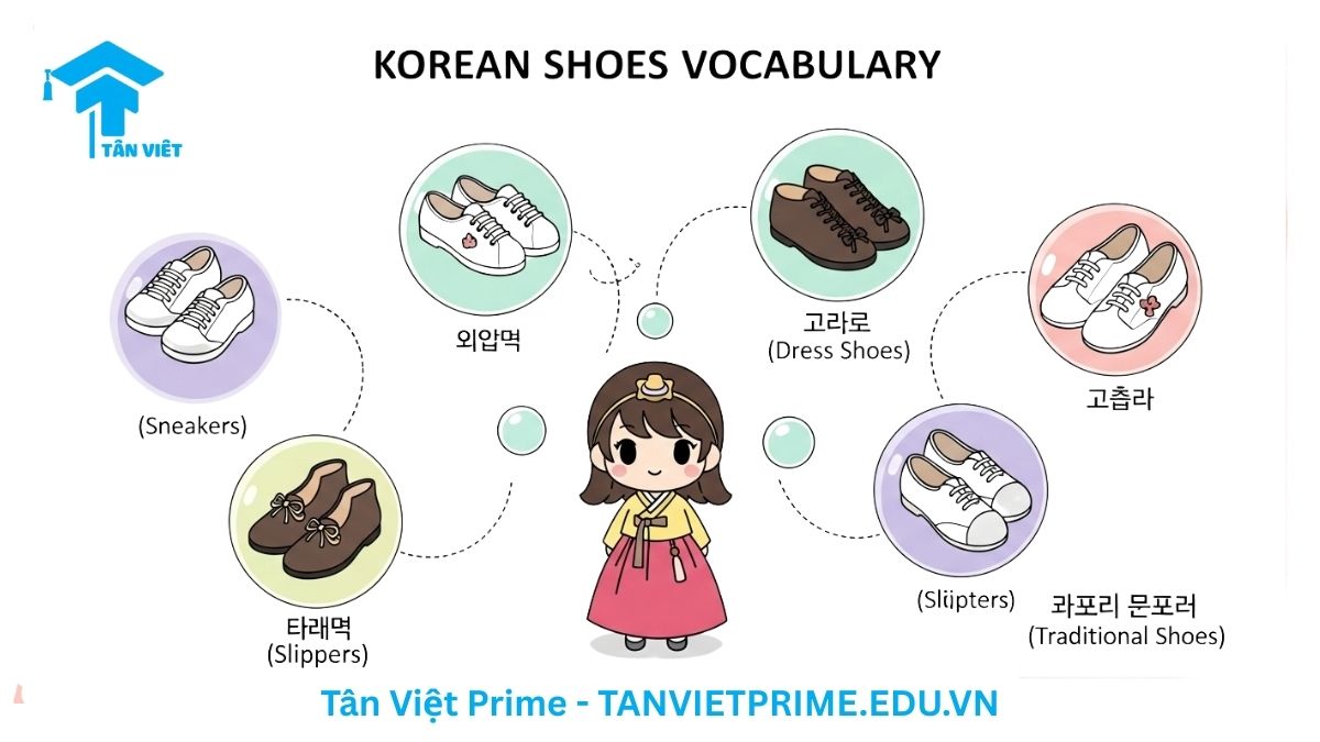 Infographic giải thích từ vựng tiếng Hàn về giày dép, mô tả các loại giày phổ biến như giày thể thao, giày da, bốt và dép lê theo phong cách chibi dễ thương để làm rõ cách phân loại và tên gọi. Bao gồm các từ khóa 신발, 운동화, 구두