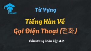 Infographic tổng hợp các từ vựng tiếng Hàn cơ bản về gọi điện thoại, bao gồm 여보세요 (Alô), 전화번호 (số điện thoại), và 통화 중 (máy bận).