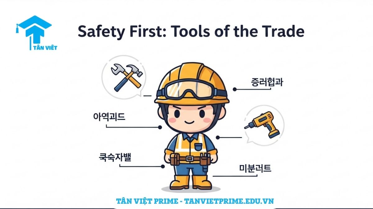 Từ Vựng Tiếng Hàn Về Vật Liệu Xây Dựng: Cẩm Nang Toàn Diện Từ A-Z 3 Infographic giải thích từ vựng tiếng Hàn về dụng cụ và an toàn lao động, mô tả nhân vật chibi mặc đồ bảo hộ và các biểu tượng dụng cụ như búa, máy khoan để làm rõ các thiết bị an toàn và công cụ cơ bản. Giúp người học làm việc an toàn tại công trường Hàn Quốc.