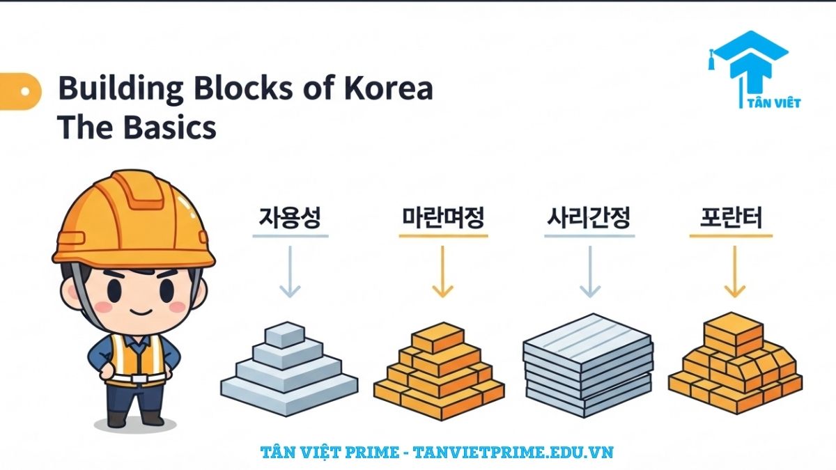 Từ Vựng Tiếng Hàn Về Vật Liệu Xây Dựng: Cẩm Nang Toàn Diện Từ A-Z 2 Infographic giải thích từ vựng tiếng Hàn về vật liệu xây dựng cơ bản, mô tả nhân vật chibi công nhân bên cạnh các vật liệu như gạch, xi măng, cát, thép để làm rõ các vật liệu nền tảng trong ngành xây dựng. Giúp người học ghi nhớ từ vựng qua hình ảnh trực quan.