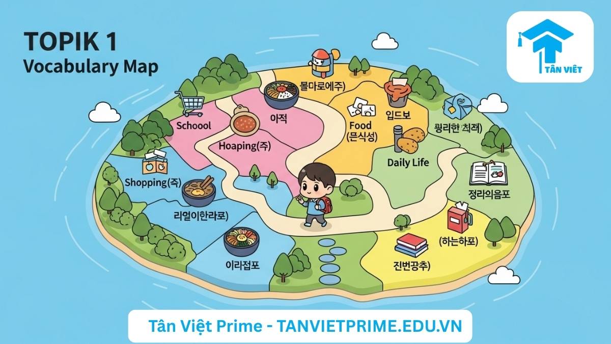 800+ Từ Vựng TOPIK 1: Toàn Tập Theo 16 Chủ Đề (Kèm Ví Dụ) 2 Infographic giải thích các chủ đề từ vựng TOPIK 1, mô tả bản đồ một hòn đảo học tập với 16 khu vực tương ứng 16 chủ đề như mua sắm, ẩm thực, trường học để làm rõ phạm vi kiến thức cần học. Giúp người mới bắt đầu hệ thống hóa từ vựng tiếng Hàn sơ cấp.