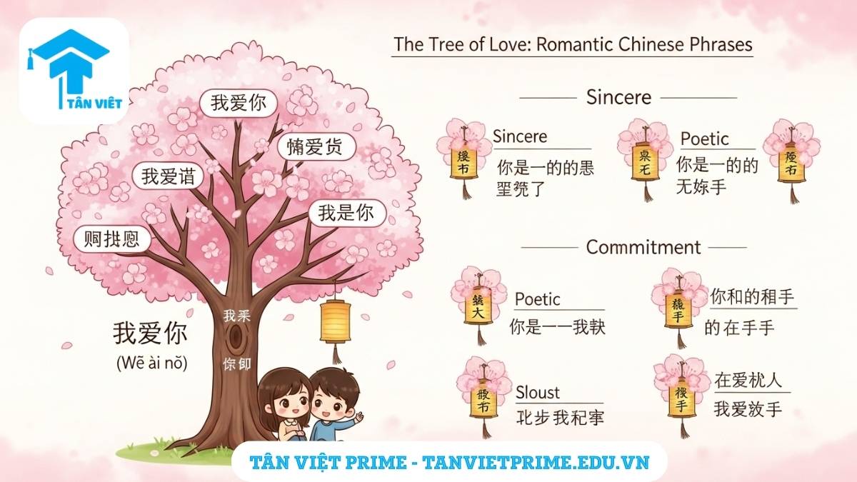 Wǒ ài nǐ (我爱你): 50+ Cách Nói "Anh Yêu Em" Tiếng Trung Lãng Mạn & Ý Nghĩa 4 Infographic hình cây anh đào giải thích sự đa dạng của các câu tỏ tình tiếng Trung, mô tả các nhánh cây là các loại câu nói khác nhau để làm rõ rằng có nhiều cách diễn đạt tình yêu lãng mạn hơn cả "Wǒ ài nǐ".
