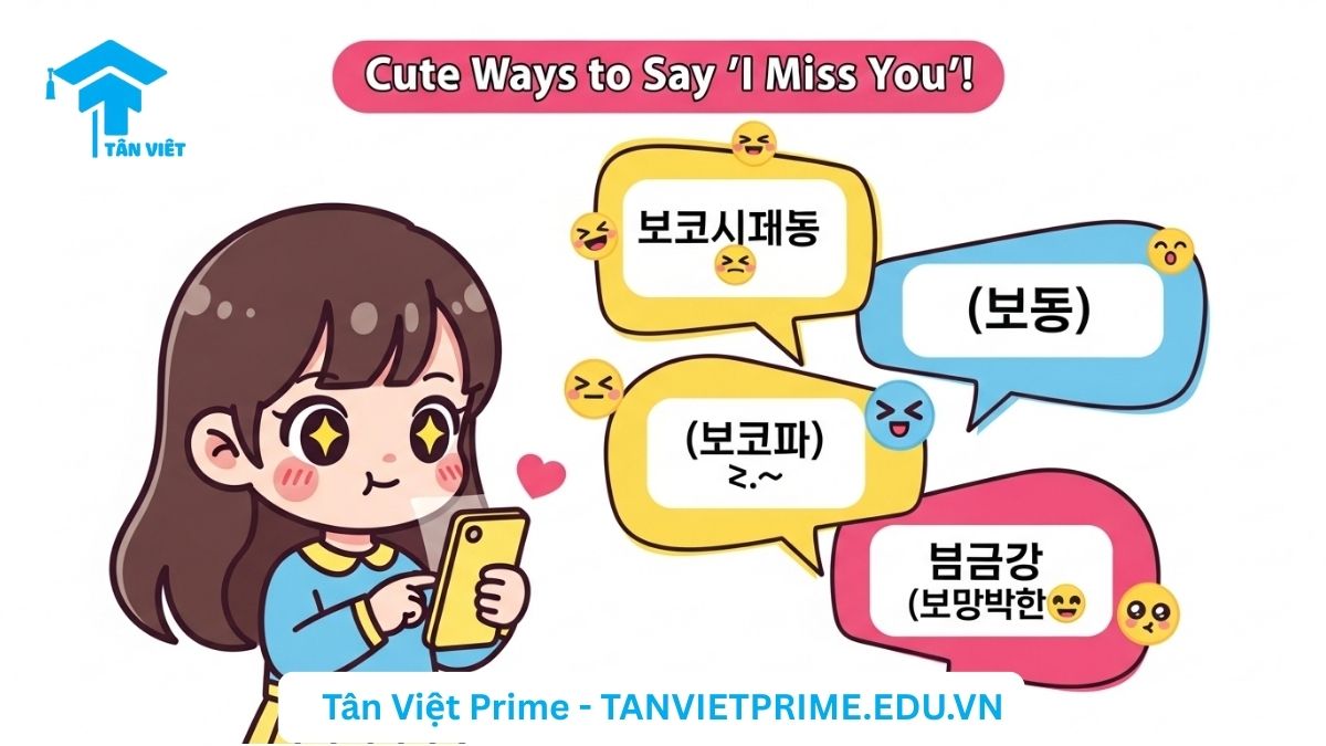 Cách Nói "Anh Nhớ Em" Tiếng Hàn: Hướng Dẫn & Bí Kíp Tỏ Tình Lãng Mạn 4 Hình ảnh minh họa giải thích các cách nói "Anh nhớ em" tiếng Hàn dễ thương (aegyo), mô tả một cô gái chibi với các biểu cảm đáng yêu tương ứng với các câu "보고 싶어용" và "보고파", để làm rõ cách thể hiện tình cảm ngọt ngào. Phù hợp khi nhắn tin cho người yêu.