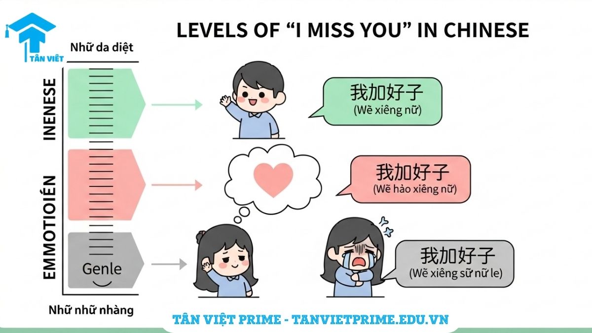 Infographic giải thích các cấp độ nói "Anh nhớ em" tiếng Trung, mô tả một thước đo cảm xúc với các nhân vật chibi để làm rõ sự khác biệt giữa 我想你, 我好想你, và 我想死你了. Giúp người học diễn đạt cảm xúc chuẩn xác.