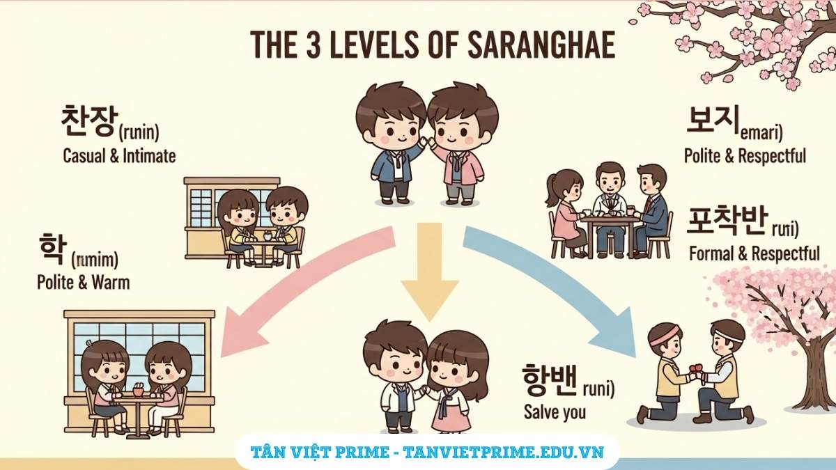 Infographic giải thích 3 cấp độ của "Anh yêu em tiếng Hàn", mô tả một cặp đôi chibi với các nhánh chỉ đến 3 bối cảnh khác nhau: thân mật (사랑해), lịch sự (사랑해요), và trang trọng (사랑합니다) để làm rõ cách tỏ tình đúng ngữ cảnh.