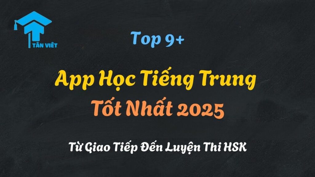 Một người đang vui vẻ sử dụng app học tiếng Trung trên điện thoại, xung quanh là logo các ứng dụng HelloChinese, Duolingo và HSK Online
