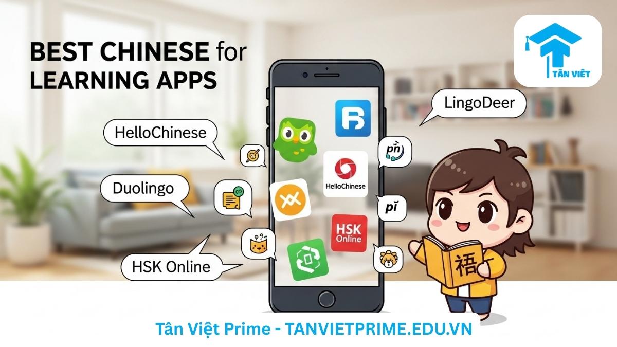 Infographic minh họa các ứng dụng học tiếng Trung online hàng đầu, mô tả một nhân vật chibi đang sử dụng điện thoại với các icon ứng dụng nổi bật như HelloChinese, Duolingo, HSK Online để làm rõ công cụ học tập di động. Hình ảnh giúp người đọc dễ dàng hình dung và lựa chọn ứng dụng phù hợp để học tiếng Trung.