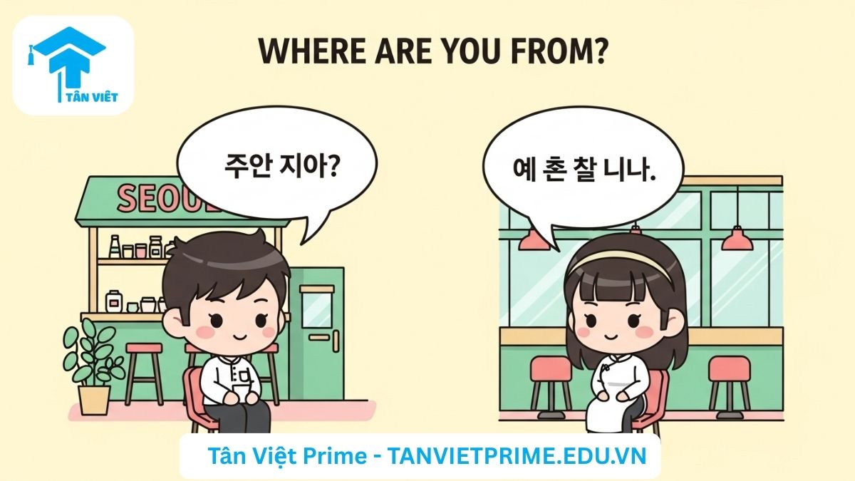 Hình ảnh minh họa giải thích cách hỏi 'Bạn đến từ đâu?' bằng tiếng Hàn, mô tả một nhân vật Hàn Quốc và một nhân vật Việt Nam đang trò chuyện với bong bóng chat chứa câu hỏi "어디에서 오셨어요?" và câu trả lời "저는 베트남에서 왔어요" để làm rõ cách giao tiếp thực tế về nguồn gốc. [Học tiếng Hàn giao tiếp cơ bản].