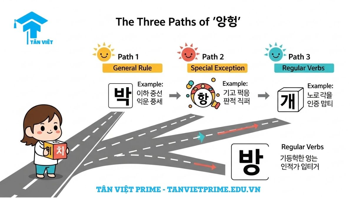 Sơ đồ giải thích Bất quy tắc ㅂ, mô tả 3 quy tắc chia khác nhau: ㅂ biến thành 우, ㅂ biến thành 오, và ㅂ không đổi, làm rõ các trường hợp ngoại lệ.
