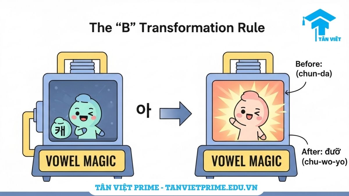 Infographic giải thích Bất quy tắc ㅂ trong tiếng Hàn, mô tả một cỗ máy biến đổi ký tự 'ㅂ' thành '우' khi gặp nguyên âm, làm rõ khái niệm cốt lõi của ㅂ 불규칙.