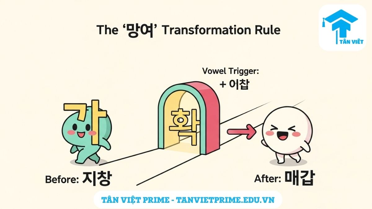 Infographic giải thích bất quy tắc 'ㄷ' tiếng Hàn, mô tả chibi ký tự ㄷ biến đổi thành ㄹ khi đi qua một chiếc cổng hình nguyên âm '어', để làm rõ cơ chế biến đổi ngữ pháp một cách trực quan.