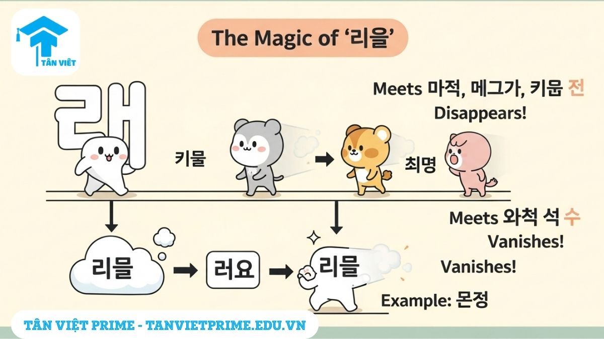 Infographic giải thích bất quy tắc ㄹ trong tiếng Hàn qua hình ảnh một chú tắc kè hoa 'ㄹ' biến mất khi gặp các con vật 'ㄴ, ㅂ, ㅅ', làm rõ quy tắc lược bỏ 'ㄹ' một cách trực quan, giúp người mới bắt đầu dễ dàng ghi nhớ.