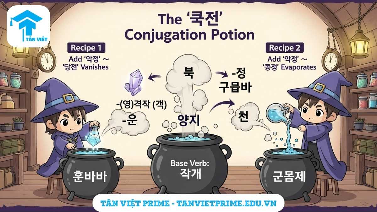 Infographic giải thích bất quy tắc ㄹ của tiếng Hàn theo concept công thức pha chế, mô tả một phù thủy chibi kết hợp động từ '만들다' với các đuôi câu khác nhau để làm rõ khi nào 'ㄹ' bị lược bỏ và khi nào '으' biến mất, giúp việc học ngữ pháp trở nên thú vị hơn.