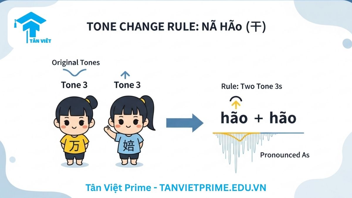 Nǐ hǎo ma (你好吗): Ý Nghĩa & Cách Dùng "Bạn Khỏe Không?" Tiếng Trung 3 Sơ đồ minh họa quy tắc biến điệu của "你好" (nǐ hǎo) trong tiếng Trung, mô tả sự thay đổi từ hai thanh 3 thành thanh 2 + thanh 3, giúp người học phát âm chuẩn xác hơn. Hướng dẫn ngữ âm tiếng Trung cơ bản.