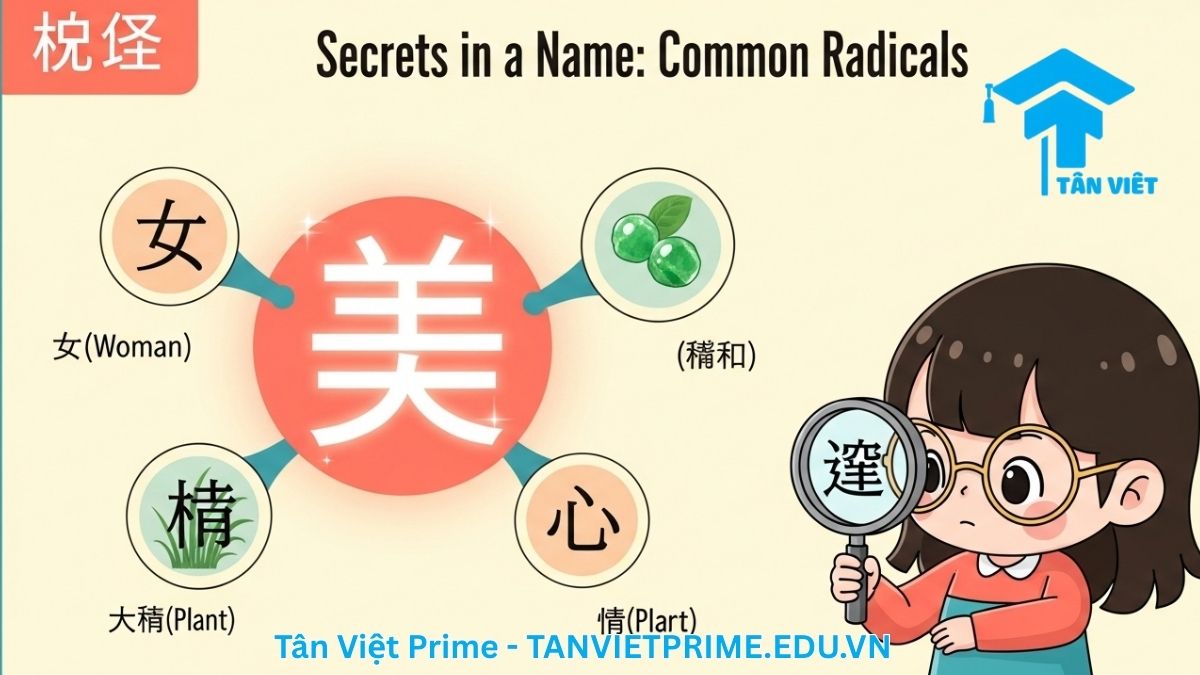 Infographic giải thích ý nghĩa các bộ thủ Hán tự thường dùng trong tên nữ, mô tả các bộ thủ phổ biến như Nữ (女), Ngọc (玉), Thảo (艹), và Tâm (心) được minh họa để giải thích ý nghĩa ẩn sau các ký tự, giúp việc chọn tên sâu sắc hơn. Hướng dẫn chọn tên tiếng Trung hay.