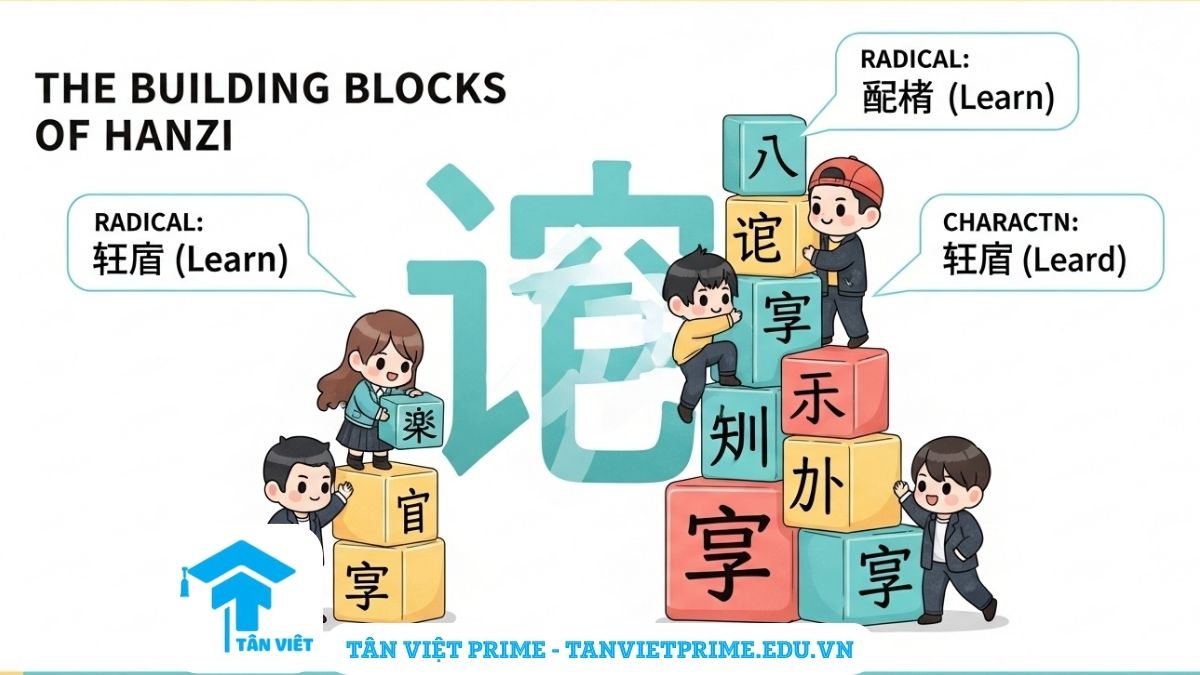 Full 214 Bộ Thủ Tiếng Trung: Bảng Tra Cứu Đầy Đủ & Cách Học Hiệu Quả 2 Infographic giải thích bộ thủ tiếng Trung, mô tả các nhân vật chibi đáng yêu đang dùng các khối bộ thủ để xây dựng nên chữ Hán "Học" (学), làm rõ vai trò của bộ thủ như những viên gạch nền tảng. Rất hữu ích để hiểu cấu trúc và ghi nhớ chữ Hán.