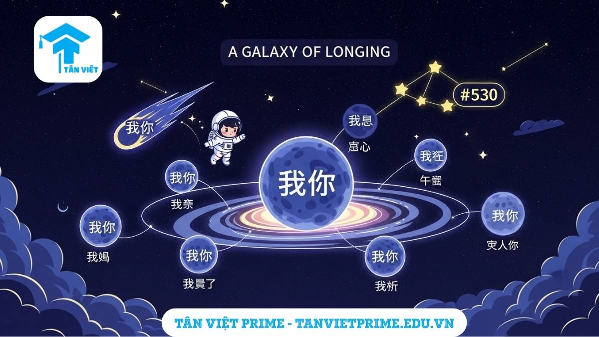 Sơ đồ tư duy giải thích các cách nói "Anh nhớ em" tiếng Trung, mô tả một thiên hà với các hành tinh là các cụm từ khác nhau để làm rõ sự đa dạng trong cách bày tỏ nỗi nhớ. Cung cấp cách học từ vựng sáng tạo.