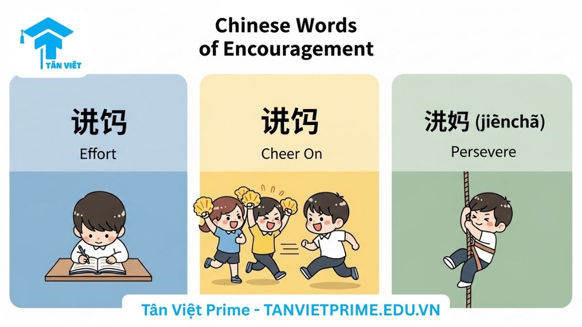 Infographic giải thích sự khác biệt giữa các cách nói "Cố lên" tiếng Trung, mô tả ba tình huống tương ứng với các từ 加油 (cổ vũ), 努力 (nỗ lực), và 坚持 (kiên trì) để làm rõ cách dùng từ chính xác theo từng ngữ cảnh. Giúp người học nâng cao vốn từ vựng.