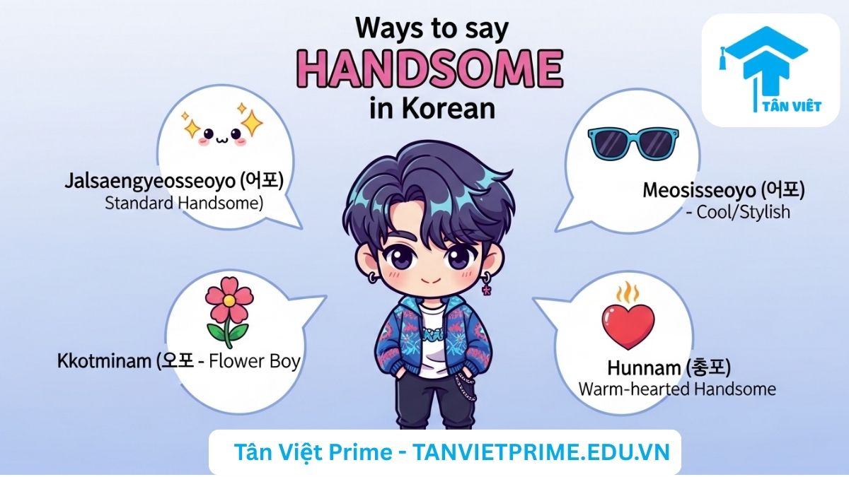 "Đẹp Trai Quá!" Tiếng Hàn: Cẩm Nang Khen Ngợi & Giao Tiếp Tự Nhiên 3 Infographic giải thích các cách nói "đẹp trai" trong tiếng Hàn, mô tả một nhân vật chibi idol và các biểu tượng minh họa cho các sắc thái khác nhau như "đẹp trai (잘생겼어요)", "ngầu (멋있어요)", "mỹ nam (꽃미남)", và "trai ấm áp (훈남)".