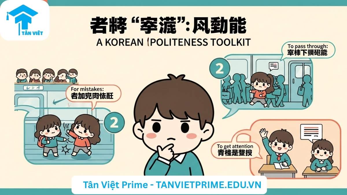 Cách Nói "Xin Lỗi" Tiếng Hàn? Toàn Tập Các Cấp Độ Lịch Sự & Văn Hóa Ứng Xử 4 Sơ đồ giải thích các cách nói xin lỗi và làm phiền lịch sự trong tiếng Hàn, mô tả các tình huống khác nhau như mắc lỗi (미안해요), xin đi qua (잠시만요), và thu hút sự chú ý (실례합니다) để làm rõ mỗi cụm từ có mục đích sử dụng riêng.
