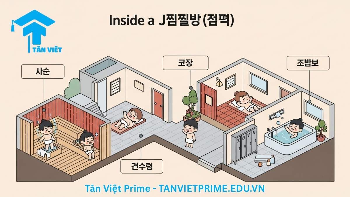 Sơ đồ giải thích các khu vực trong Jjimjilbang Hàn Quốc, mô tả một bản đồ cắt lớp với các phòng chức năng như Sauna, Phòng ngủ, Nhà tắm để làm rõ cấu trúc của một spa công cộng kiểu Hàn. Hướng dẫn khám phá Jjimjilbang