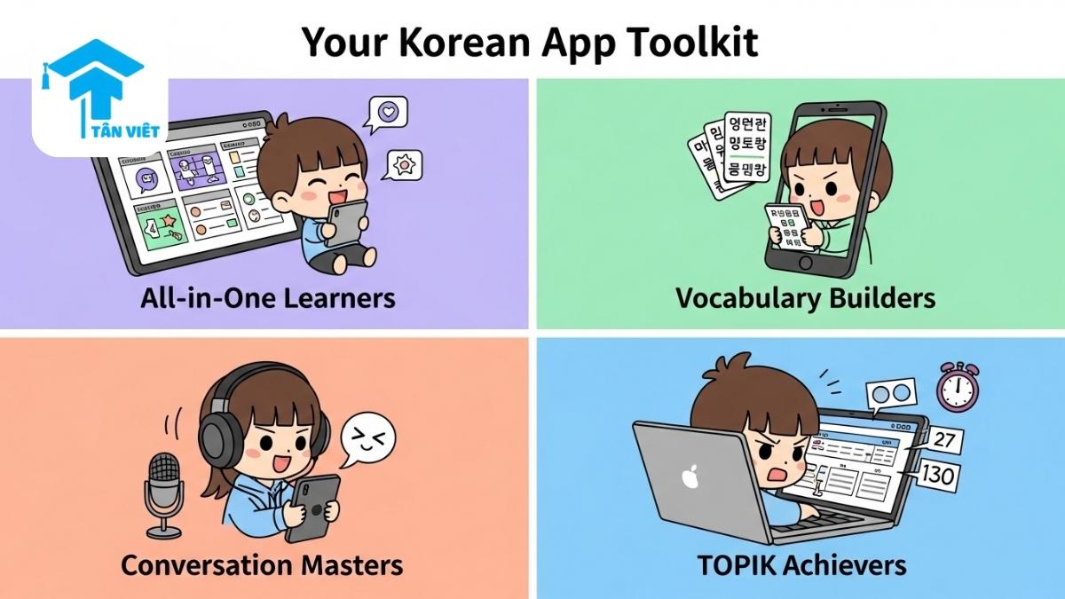 Sơ đồ minh họa giải thích các loại app học tiếng Hàn, mô tả bốn ô vuông thể hiện các nhóm app khác nhau: toàn diện, từ vựng, giao tiếp, và luyện thi TOPIK qua hình ảnh chibi để làm rõ chức năng chính của từng nhóm ứng dụng. App học từ vựng, app luyện giao tiếp, app thi TOPIK.