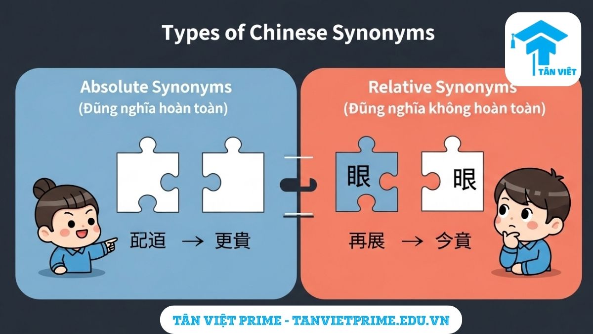 Sơ đồ so sánh các loại từ đồng nghĩa trong tiếng Trung, mô tả bố cục hai phần: bên trái minh họa 'đồng nghĩa hoàn toàn' với hai mảnh ghép khớp tuyệt đối, bên phải minh họa 'đồng nghĩa không hoàn toàn' với hai mảnh ghép gần giống nhưng có khác biệt, để làm rõ sự khác biệt giữa đồng nghĩa tuyệt đối và tương đối. Giúp phân biệt và sử dụng từ vựng tiếng Trung chính xác hơn.