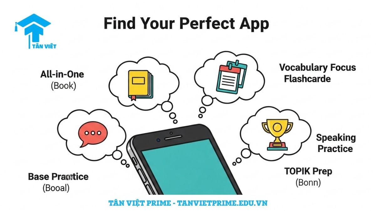 Infographic giải thích các tiêu chí chọn app học tiếng Hàn, mô tả một chiếc điện thoại với các biểu tượng đại diện cho mục tiêu học tập như toàn diện, từ vựng, giao tiếp, và TOPIK để làm rõ cách người dùng xác định loại app phù hợp với nhu cầu của bản thân. Lựa chọn ứng dụng học tiếng Hàn hiệu quả.