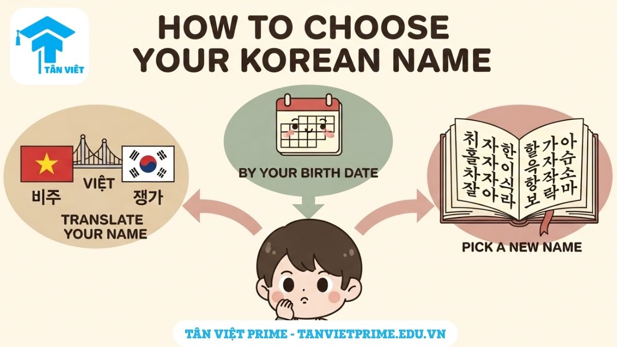 Infographic giải thích 3 cách đặt tên tiếng Hàn, mô tả một nhân vật chibi và ba con đường lựa chọn (dịch tên, theo ngày sinh, chọn tên mới) để làm rõ các phương pháp tìm một cái tên Hàn Quốc hay và ý nghĩa.