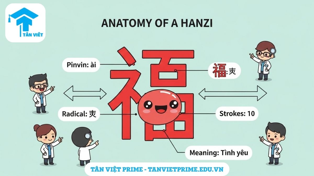 Từ Điển Chữ Hán: Top 7+ App & Website Tốt Nhất 2025 (Miễn Phí) 3 Hình ảnh minh họa giải thích cách phân tích một chữ Hán, mô tả chữ "爱" (Ái) được các nhân vật chibi "nghiên cứu" các thành phần như Pinyin, bộ thủ, số nét và ý nghĩa để làm rõ cách một từ điển giúp hiểu sâu về Hán tự.