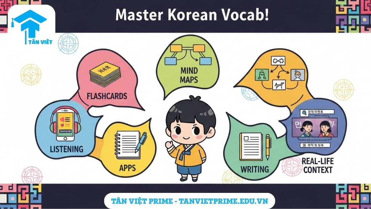 Infographic giải thích các cách học từ vựng tiếng Hàn hiệu quả, mô tả một học sinh chibi đáng yêu được bao quanh bởi các biểu tượng phương pháp học như flashcard, sơ đồ tư duy, ứng dụng, nghe và viết, để làm rõ các kỹ thuật ghi nhớ từ vựng tiếng Hàn hiệu quả. Hình ảnh mang màu sắc tươi sáng, hiện đại và phong cách Hàn-Trung dễ thương.
