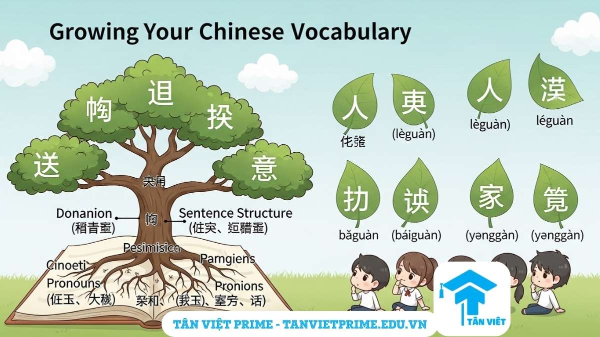 Hình ảnh minh họa giải thích Cách học Từ vựng Tính cách Tiếng Trung, mô tả một "cây từ vựng" mọc từ cuốn sách, với mỗi chiếc lá là một Hán tự tính cách, để làm rõ lộ trình học từ gốc đến ngọn.