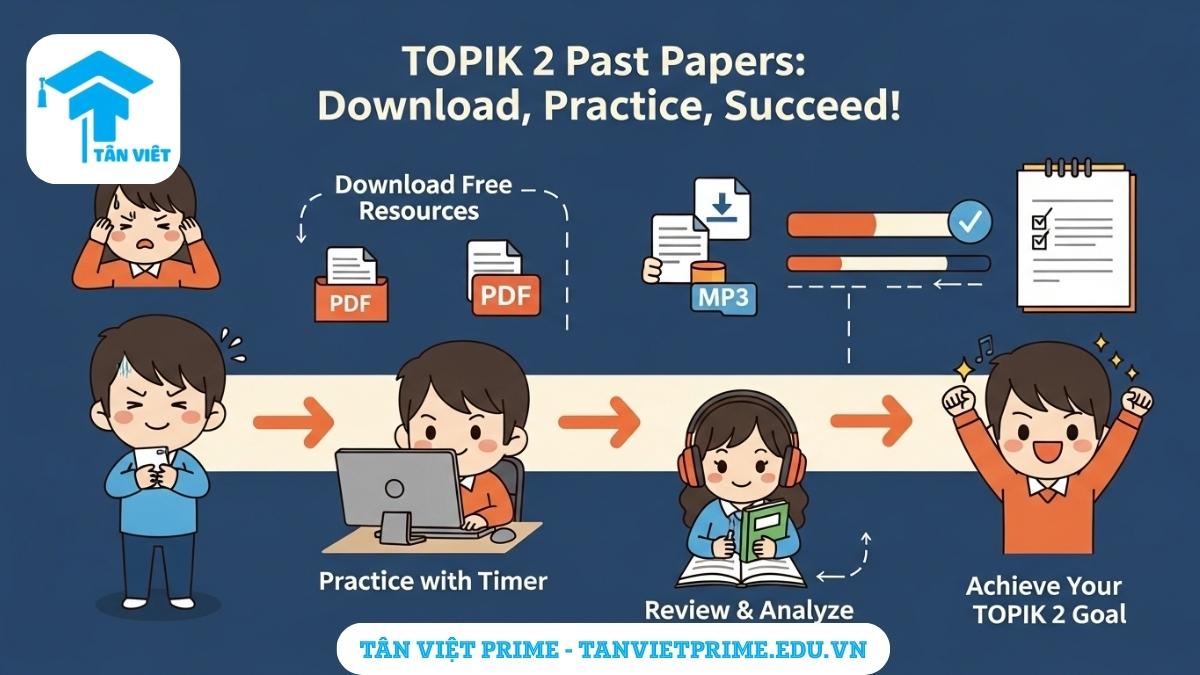 Hình ảnh minh họa các bước tải và luyện đề thi TOPIK 2 hiệu quả, mô tả quy trình từ tải tài liệu miễn phí, thực hành có bấm giờ, đến phân tích lỗi sai và đạt được mục tiêu TOPIK 2.