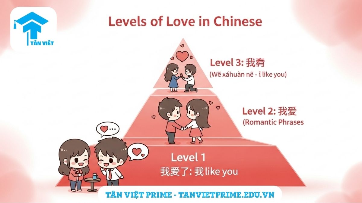 Wǒ ài nǐ (我爱你): 50+ Cách Nói "Anh Yêu Em" Tiếng Trung Lãng Mạn & Ý Nghĩa 2 Infographic giải thích các cấp độ tỏ tình tiếng Trung, mô tả một kim tự tháp tình yêu từ "Thích" (Wǒ xǐhuān nǐ) đến "Yêu" (Wǒ ài nǐ) để làm rõ sự khác biệt về mức độ nghiêm túc của từng câu nói.