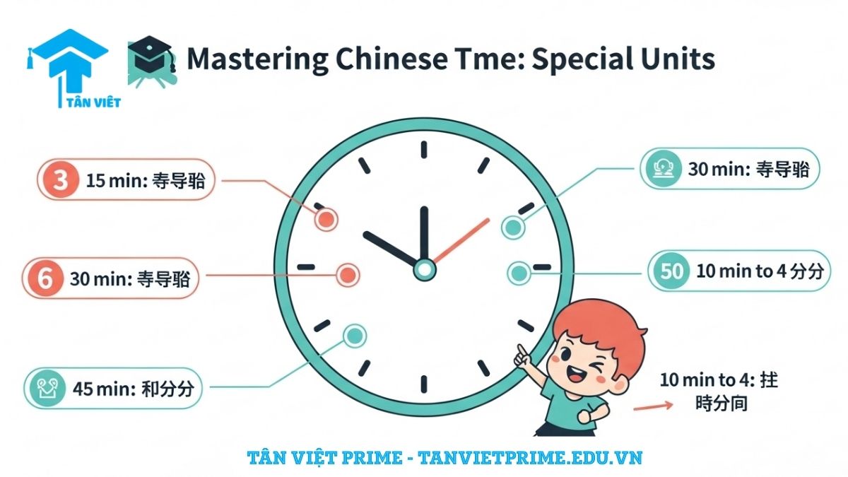 Infographic giải thích các đơn vị nói giờ đặc biệt trong tiếng Trung, mô tả một mặt đồng hồ với các chú thích cho "khắc" (刻), "rưỡi" (半), và "kém" (差) để làm rõ cách người bản xứ diễn đạt 15, 30, 45 phút và giờ kém một cách tự nhiên.