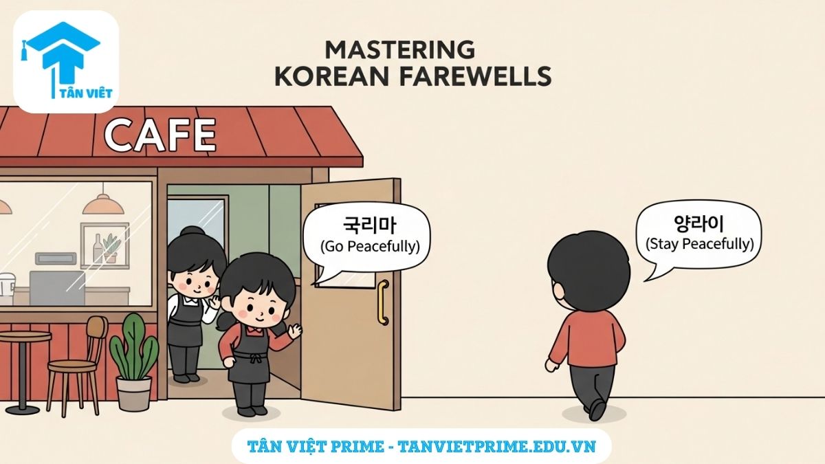 Tạm Biệt Tiếng Hàn: Cách Nói Theo Tình Huống (Ai Đi? Ai Ở Lại? Kèm Phát Âm) 3 Hình ảnh minh họa cách chào tạm biệt tiếng Hàn lịch sự, với nhân vật chibi tại cửa hàng để giải thích cách dùng "안녕히 가세요" và "안녕히 계세요" trong tình huống giao tiếp thực tế.
