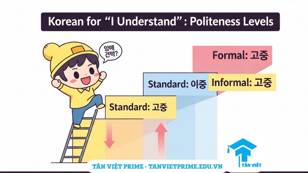 Cách Nói "Tôi Hiểu Rồi" Tiếng Hàn: Phân Biệt 알았어요, 알겠습니다 & 이해했어요 2 Infographic giải thích các cấp độ lịch sự khi nói "tôi hiểu rồi" tiếng Hàn, mô tả một nhân vật chibi leo lên các bậc thang tương ứng với mức độ trang trọng (알겠습니다), lịch sự (알았어요), và thân mật (알았어) để làm rõ sự khác biệt về kính ngữ. Hướng dẫn giúp người học dùng đúng ngữ cảnh giao tiếp.
