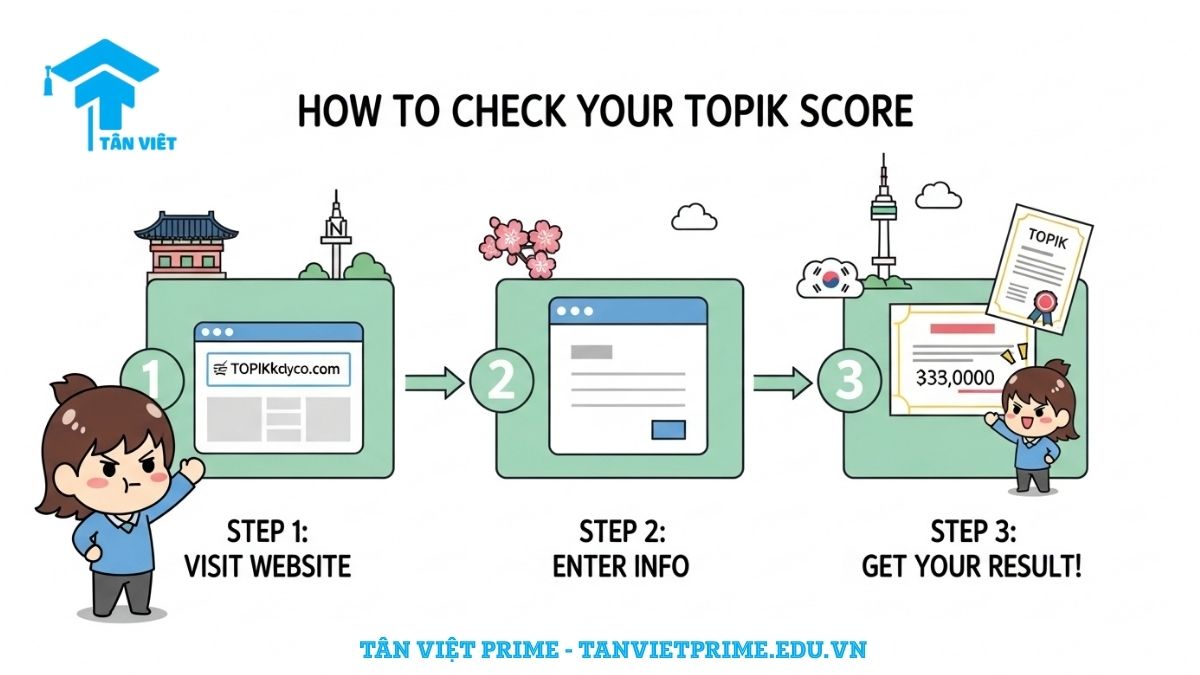 Hướng Dẫn Tra Cứu Điểm Thi TOPIK 2025 (Nhanh & Chính Xác) Kèm Lịch Trả Kết Quả 2 Infographic giải thích các bước tra cứu điểm thi TOPIK online, mô tả một nhân vật chibi dễ thương đi theo lộ trình 3 bước từ việc truy cập website, nhập thông tin, đến khi nhận kết quả để làm rõ quy trình xem điểm. Hướng dẫn trực quan và dễ hiểu.